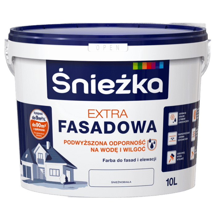 Śnieżka Extra Fasadowa Biała 10L to wysokiej jakości akrylowa farba elewacyjna przeznaczona do malowania fasad i elewacji budynków. Dzięki zastosowaniu nowoczesnych technologii, farba charakteryzuje się doskonałą przyczepnością do podłoża oraz wysoką odpornością na działanie czynników atmosferycznych. kupmax
