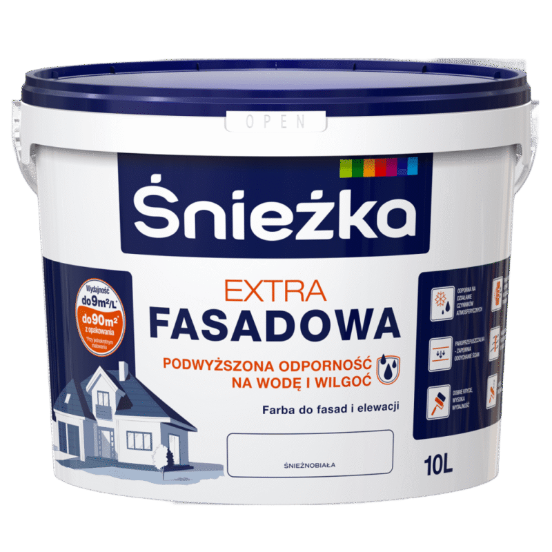 Śnieżka Extra Fasadowa Biała 10L to wysokiej jakości akrylowa farba elewacyjna przeznaczona do malowania fasad i elewacji budynków. Dzięki zastosowaniu nowoczesnych technologii, farba charakteryzuje się doskonałą przyczepnością do podłoża oraz wysoką odpornością na działanie czynników atmosferycznych. kupmax