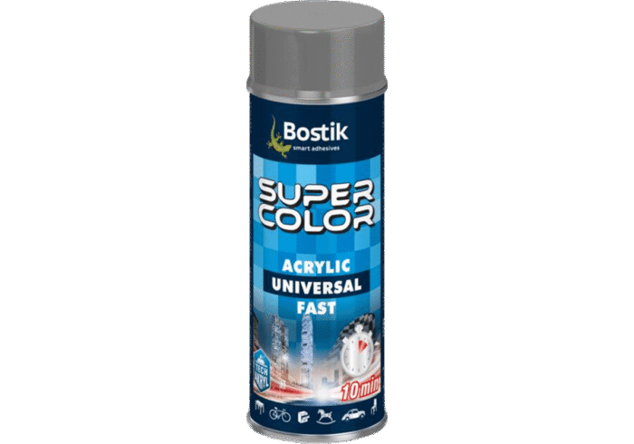 Bostik Super Color Aluminium w kolorze RAL 9006 – metaliiczny odcień szaro-srebrny, specjalny pędzel z farbą i butelka na białym tle, gotowa do aplikacji na powierzchniach metalowych. kupmax